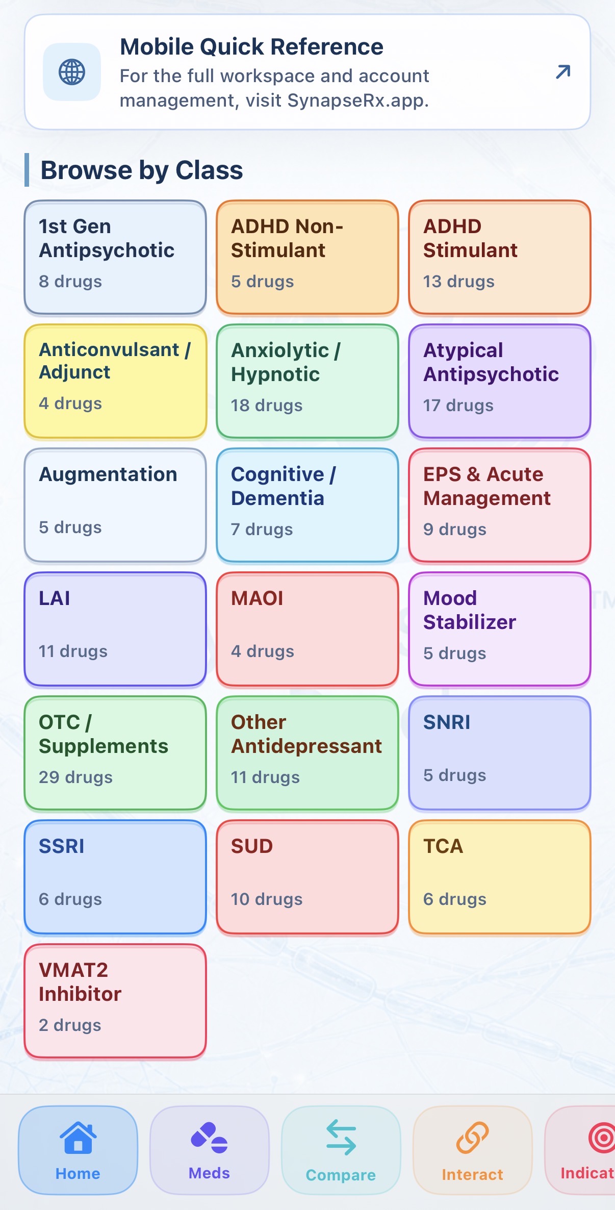 SynapseRx Psych iOS browse-by-class medication grid