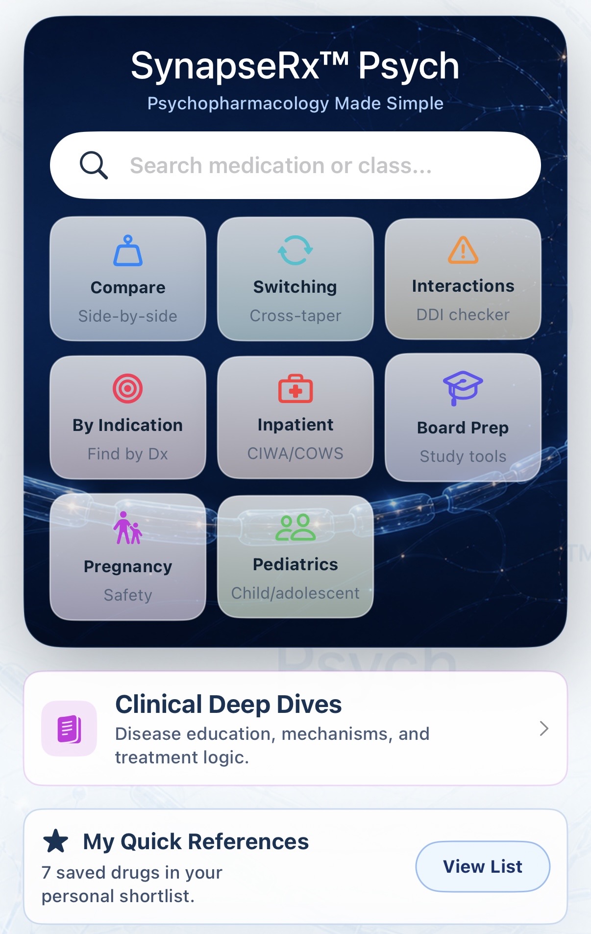 SynapseRx Psych iOS homepage with search, quick tools, deep dives, and saved references
